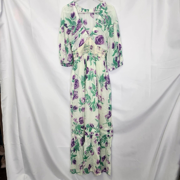 Free People Maxi Dress Golden Hour V-Neck Floral Multicolor 3/4 Sleeves XS Boho - Picture 2 of 12